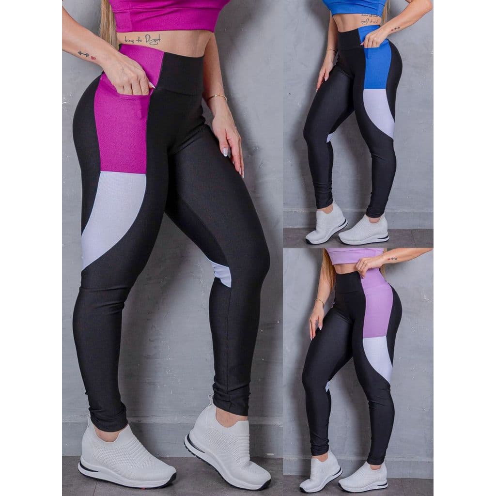 Calça Legging Feminina Com Bolso Academia Fitness Suplex Cós Alto Modeladora Recorte Colorido Fit