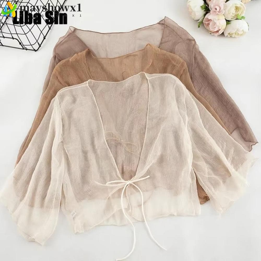 MAYSHOWX1 Xale Curto , Cardigã Feminino De Chiffon Solto , Roupas Transparentes Com Protetor Solar Enrugado