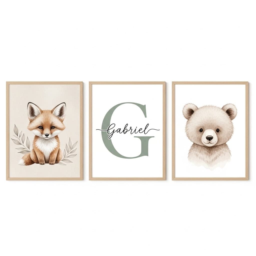 Kit 3 Quadros Safari Minimalista Personalizado Nome - Quarto Bebê Semana Santa 2026