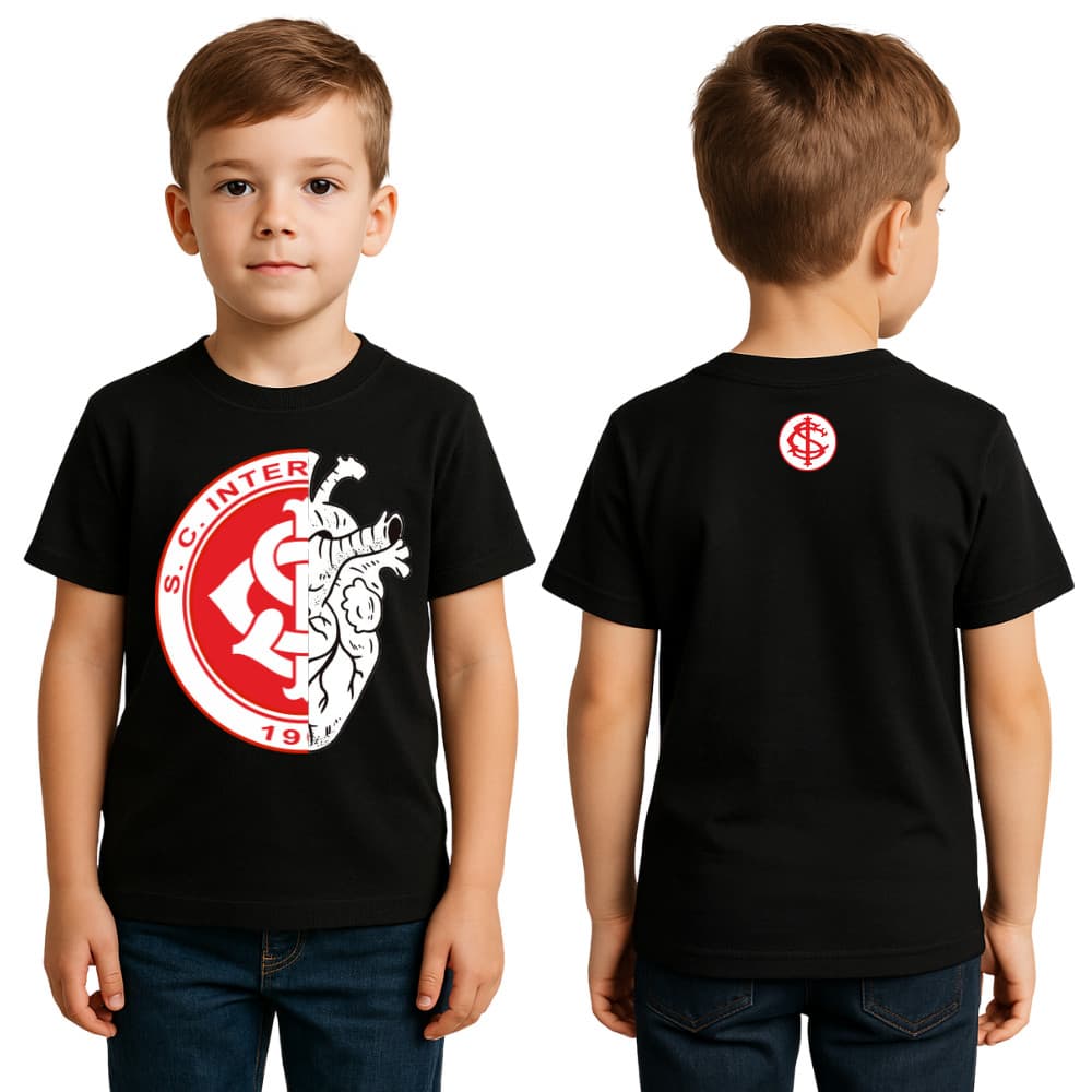 Camiseta Times Blusa Infantil Juvenil 100% Algodão Preta Coração Escudo Futebol, Camisa I.N.T.E.R