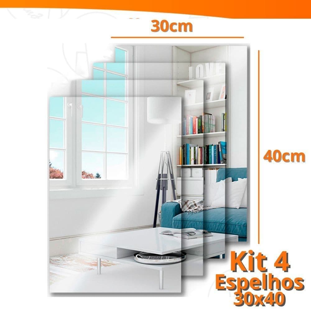 4x Espelho Placa 30x40cm Adesivo Acrílico Boa Nitidez Retangular Decorativo Quarto Sala Banheiro