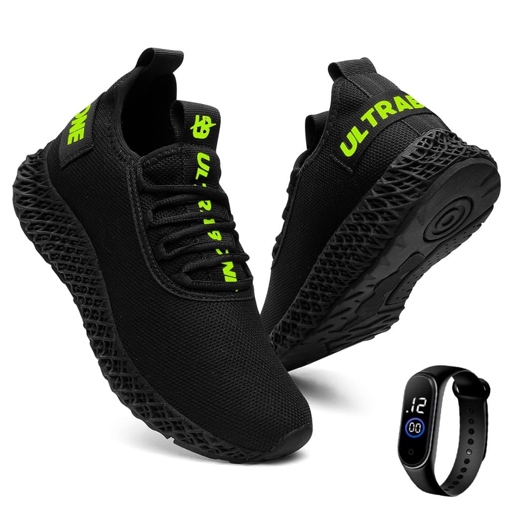 Tenis Masculino Ultrabone Black Caminhada Leve Academia Sporte + Relógio Top Macio Confortável Elegante Dia dos Pais