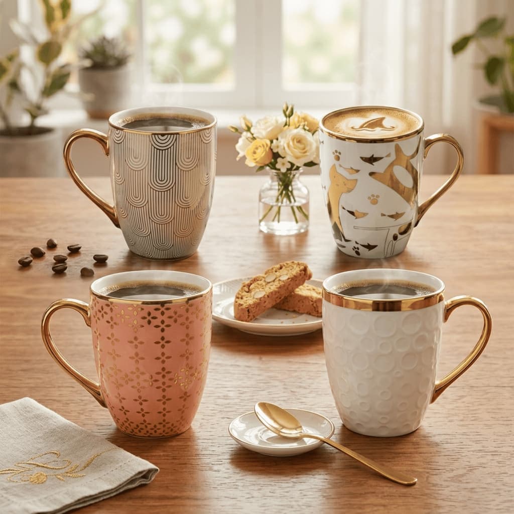 Jogo 4 Canecas Xícara de Porcelana 300ml Dourada Várias Estampas Luxo - Royale / Café, Chá / Cozinha