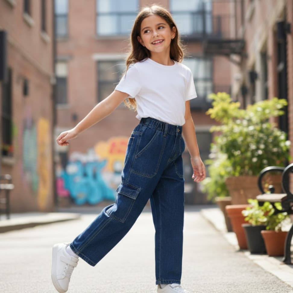 Calça Jeans Feminina Cargo 1 Bolso Lateral Azul Reta Menina Adolescente Infantil Juvenil