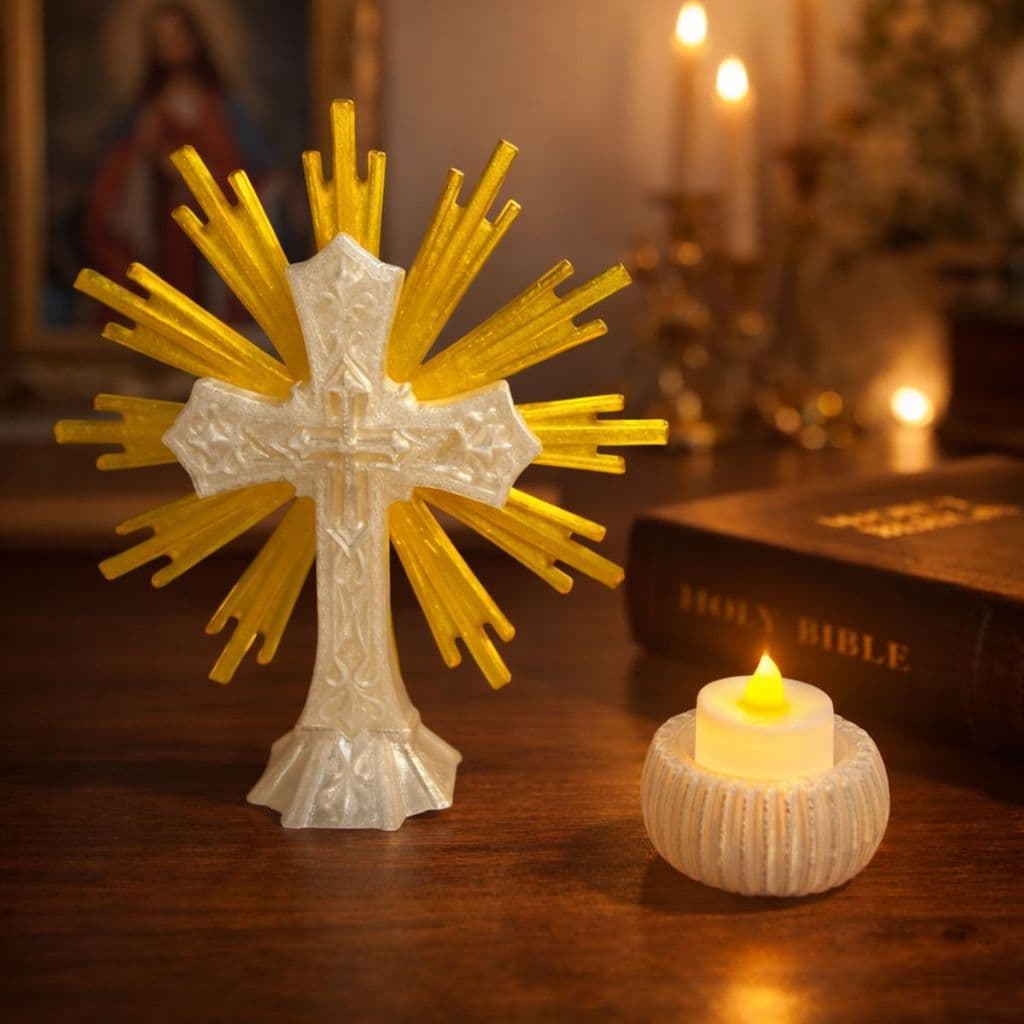 Kit de Oração Decorativo Cruz Sagrada + Vela LED + Imagem Religiosa