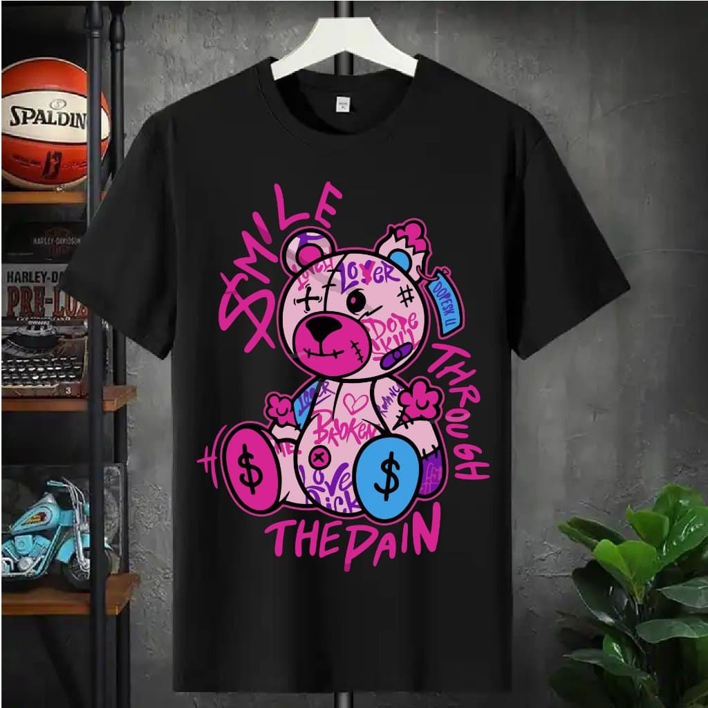 Camiseta Masculina Casual Algodão Adulto, Infantil e Plus Size Urso Smile