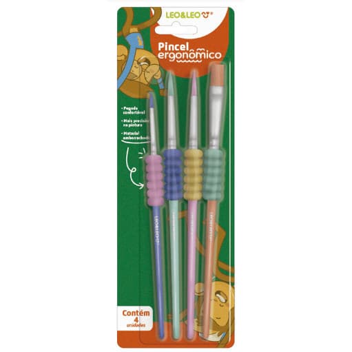 PINCEL ERGONÔMICO COM BORRACHA PONTA REDONDA/CHATA - BLISTER C/ 4 UND LEO&LEO