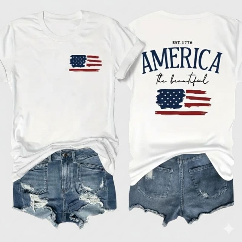T-Shirt Feminina Estampa Bandeira América Camiseta mais Justa Conforto e Estilo Blusa 100% Algodão camisa