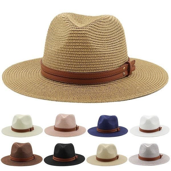 Chapéus de Palha Masculinos para Primavera e Verão, Chapéu Panamá Fedora de Aba Larga com Cordão de Segurança, Chapéu de