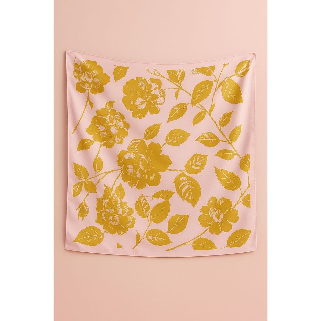 Lenço floral tecido crepe levíssimo rose com mostarda