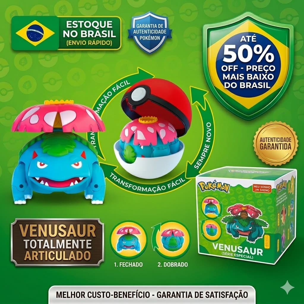 Boneco Pokémon Venusaur Que Vira Pokébola Articulado - Original Pronta Entrega + Frete Grátis