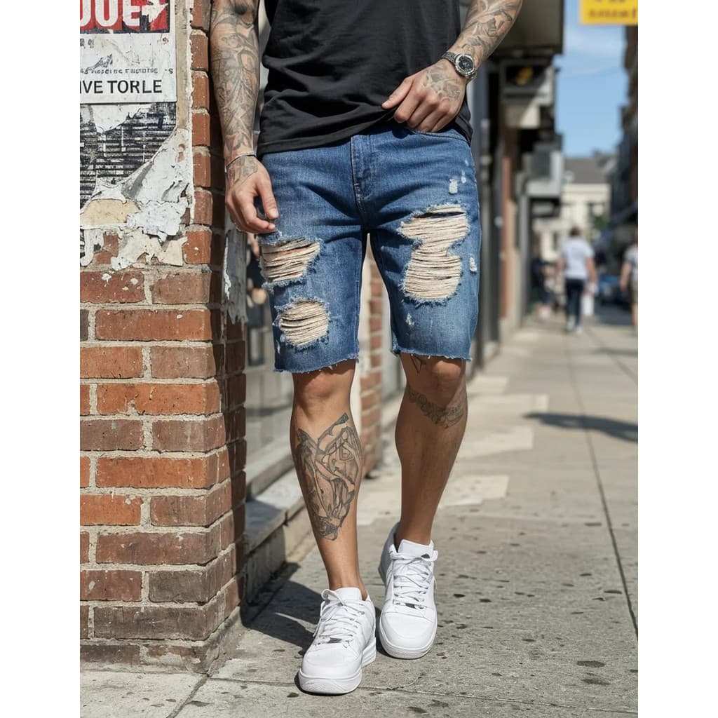 Bermuda Jeans Masculina Destroyed Com Rasgos E Tinta