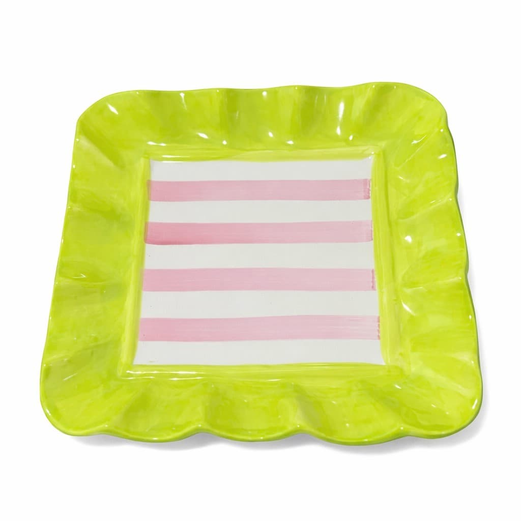 TRAVESSA QUADRADA 26cm PORCELANA VERDE LISTRAS ROSAS