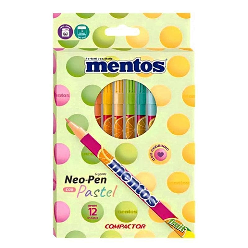 Canetinha Hidrográfica Mentos 12 Cores Pastel com Cheirinho - Compactor