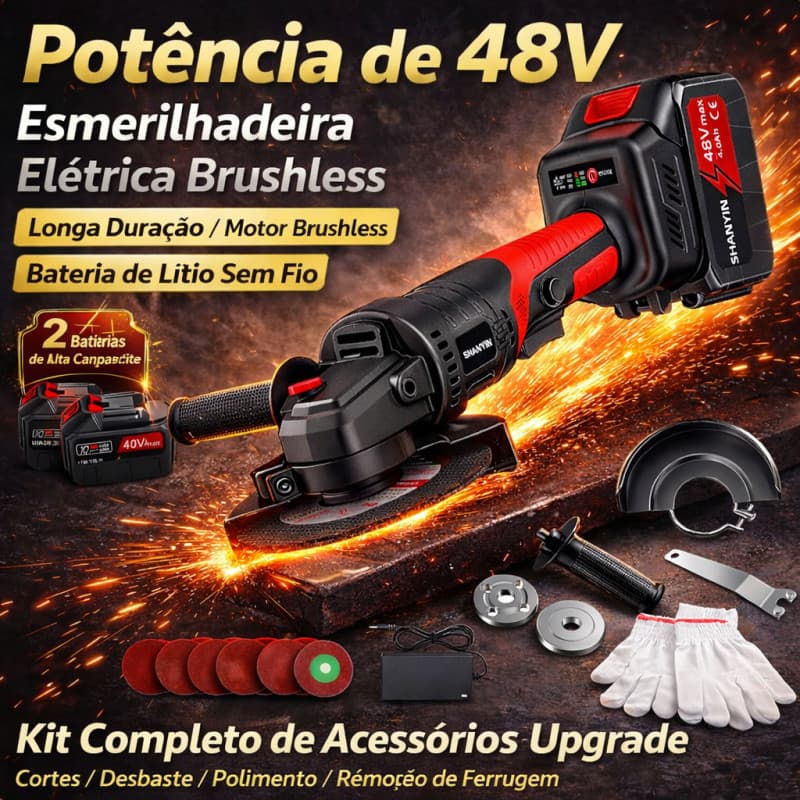 Esmerilhadeira Angular 48V Sem Fio com 2 Baterias e Motor Brushless para Corte e Polimento