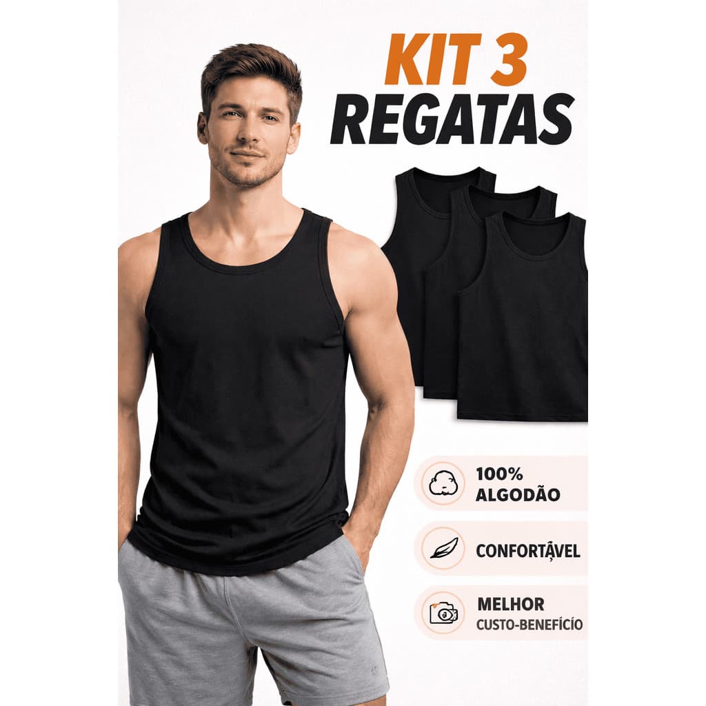 Kit 3 Regatas Masculinas Alongadas 100% Algodão Longline Conforto Academia Treino
