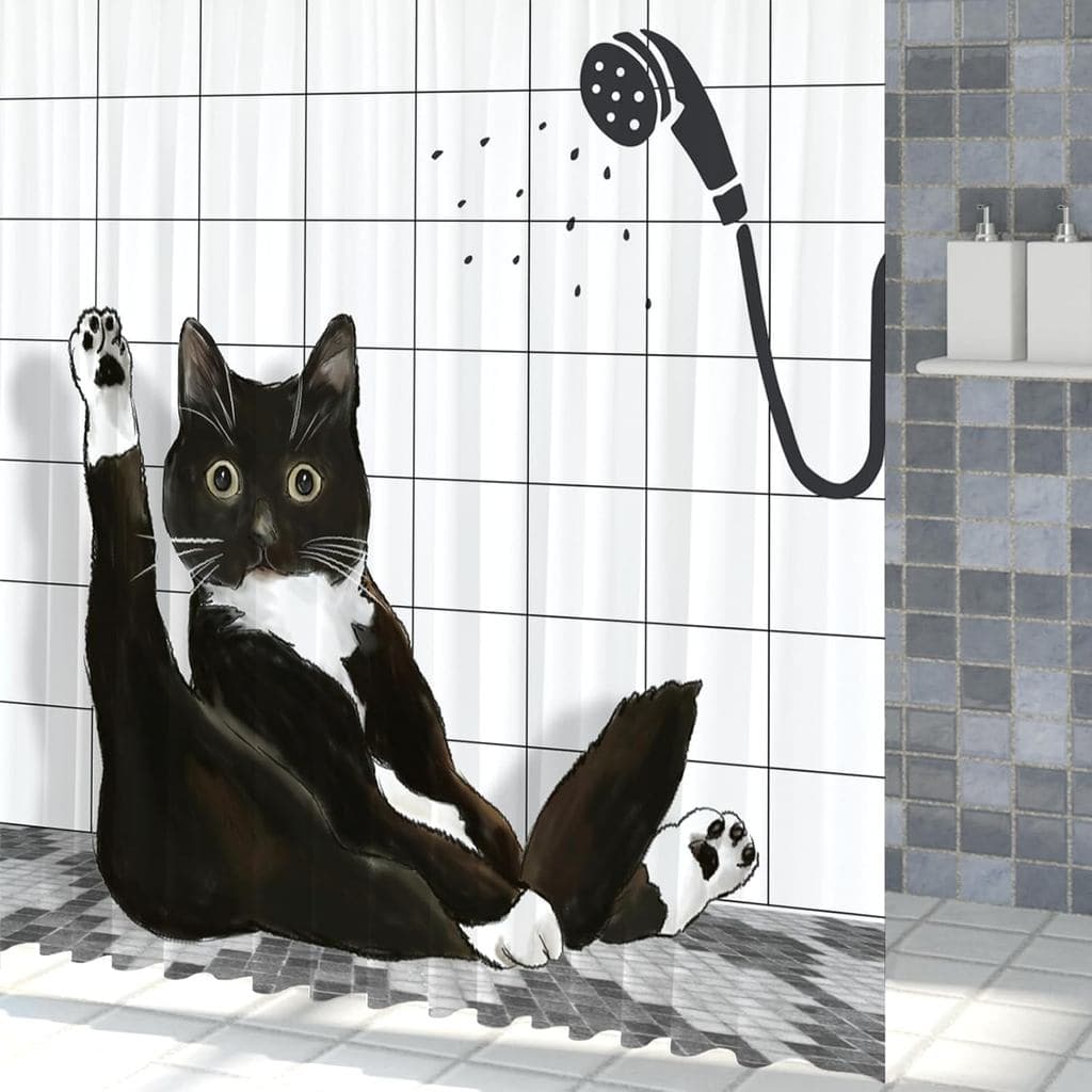 Cortina de Chuveiro Gato Preto, Estampa de Gatinho Engraçado, Tecido Durável Impermeável Lavável à Máquina para Decoraçã