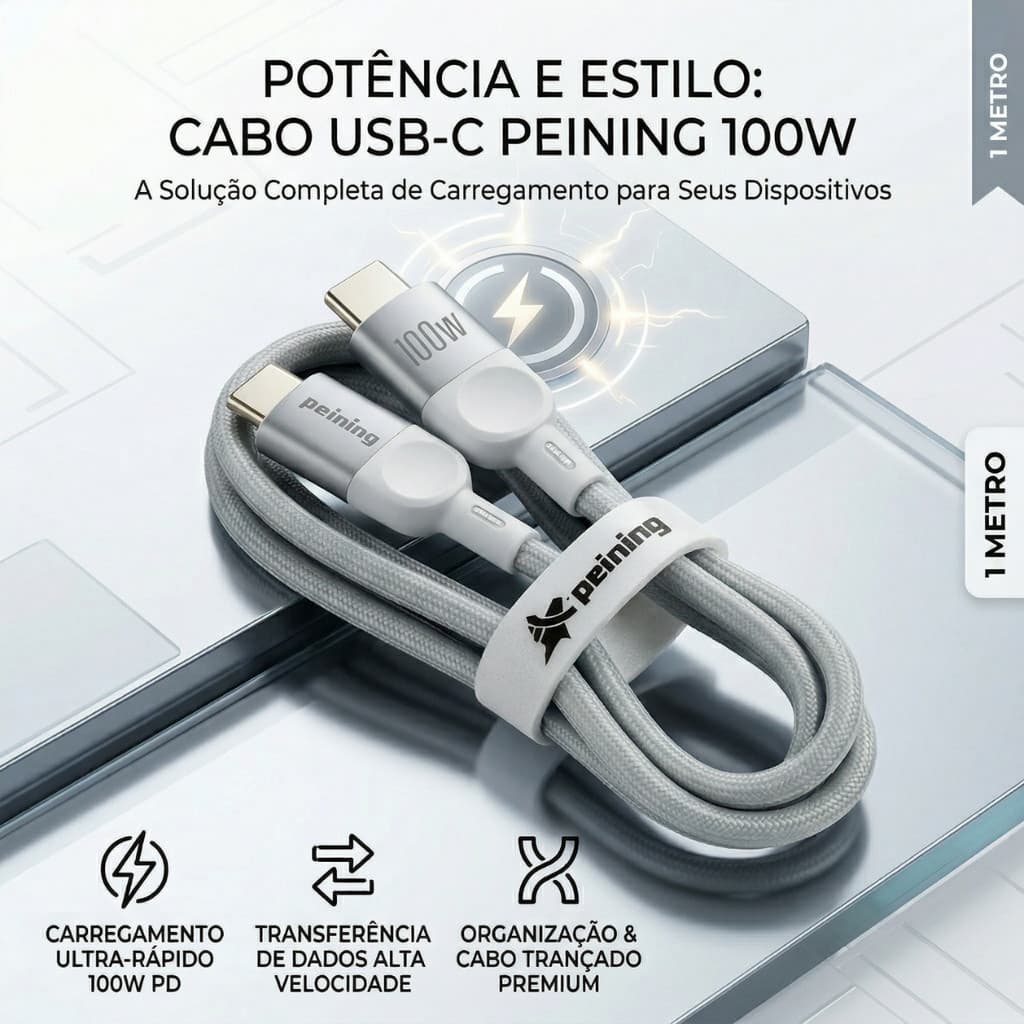 Cabo Carregador USB-C 100W Turbo 1m Notebook Celular Branco