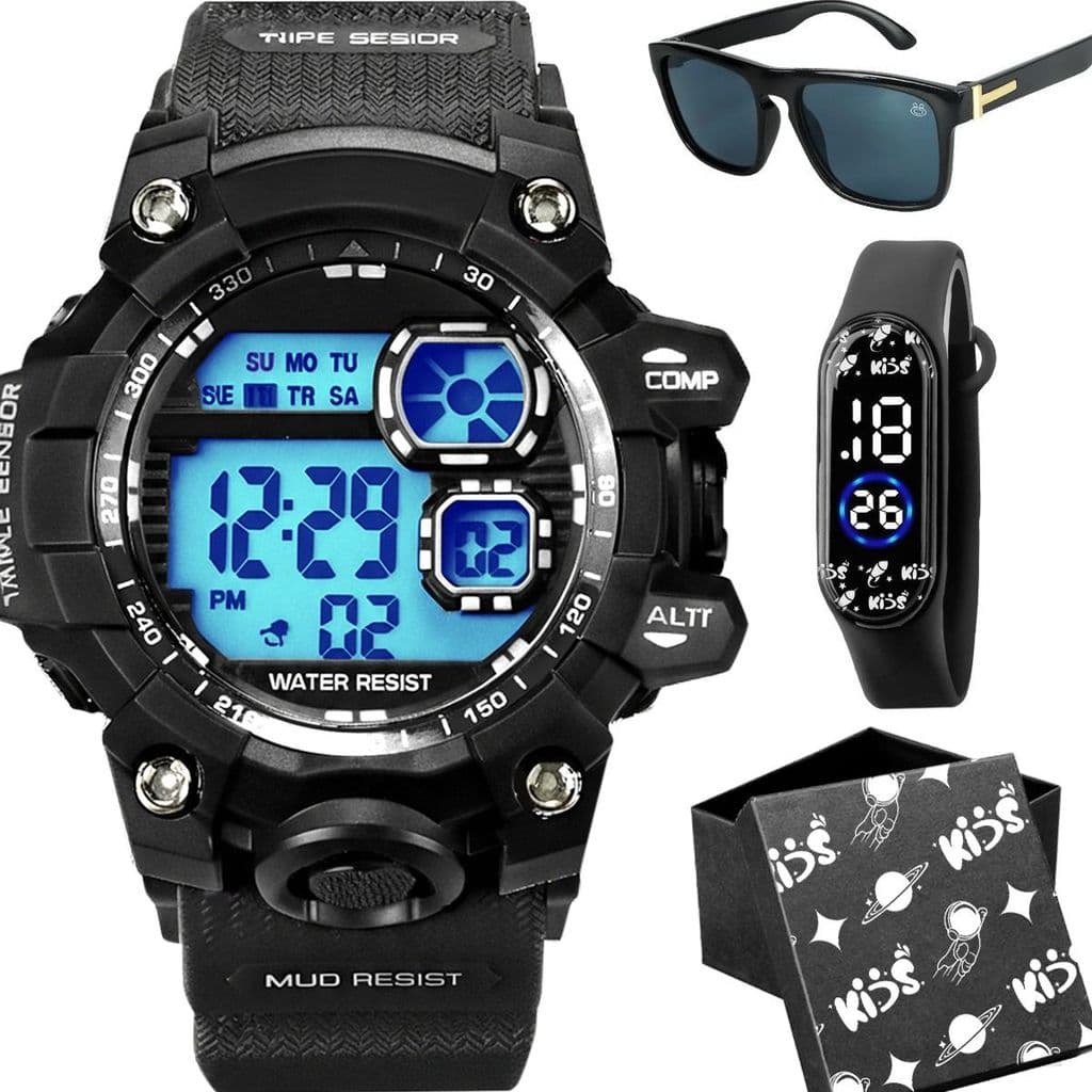 relogio infantil digital prova dagua criança silicone ajustavel esportivo alarme cronometro preto