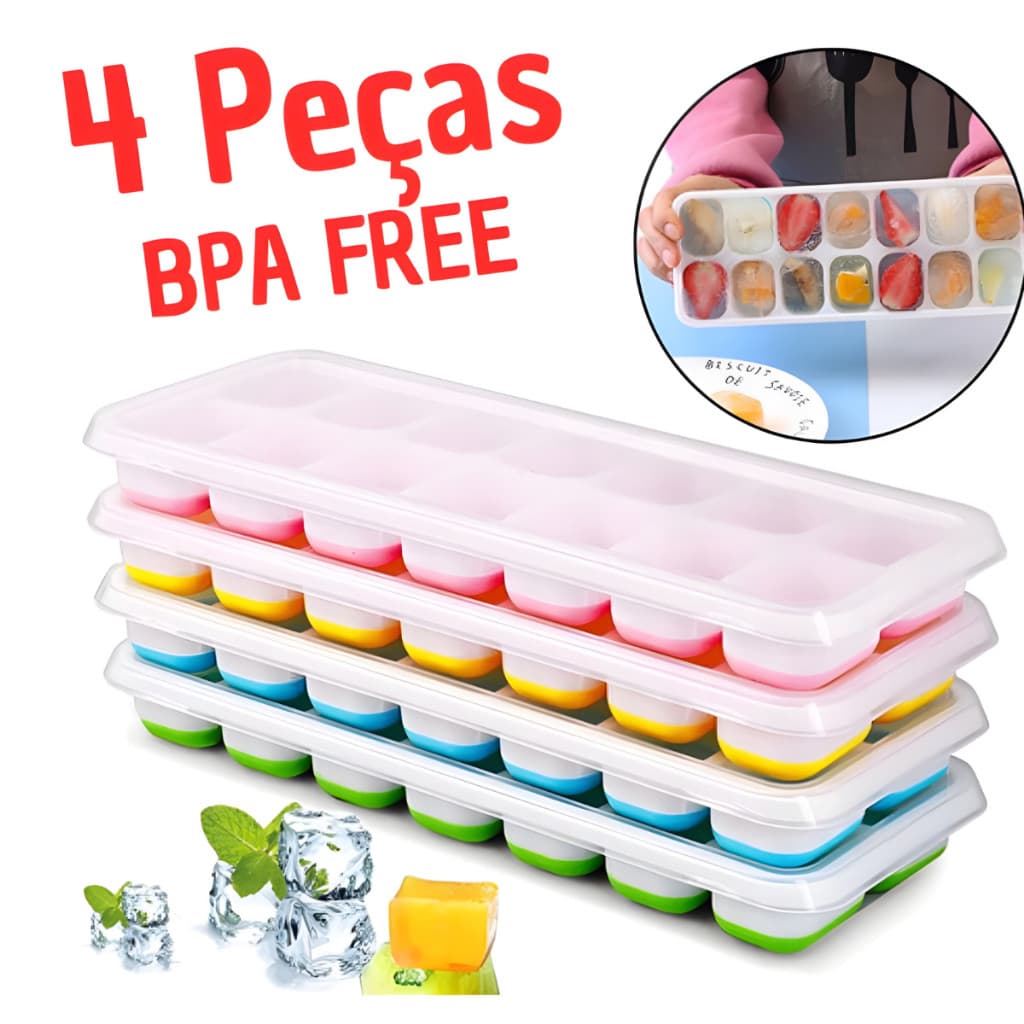 Kit 4 Formas De Gelo Com Tampa Rígida Flexível Fundo 14 Cubos Retangular Multiuso Lavável Silicone BPA Free