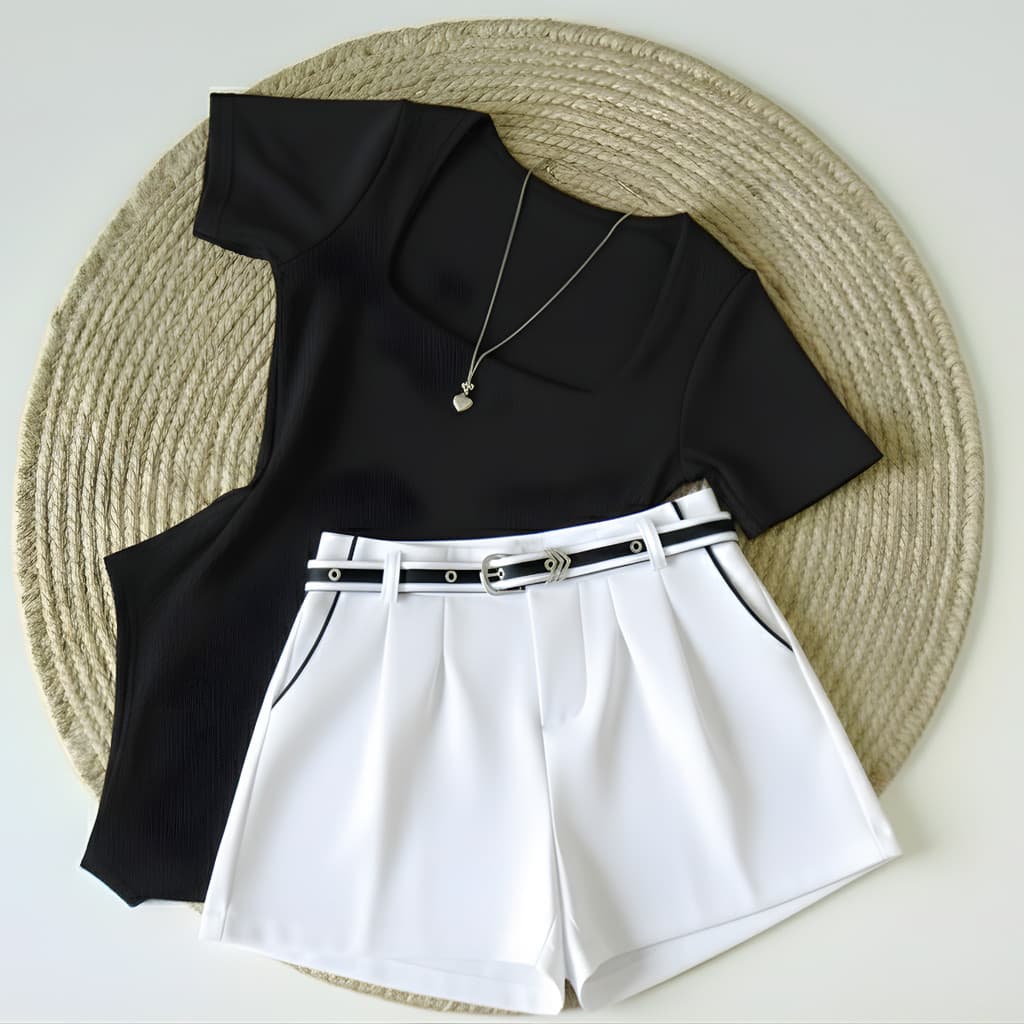 Conjunto SPORT ELEGANTE Bicolor 1 Body Gola QUADRADA + Short Alfaiataria com cinto BICOLOR Inspiração Moda