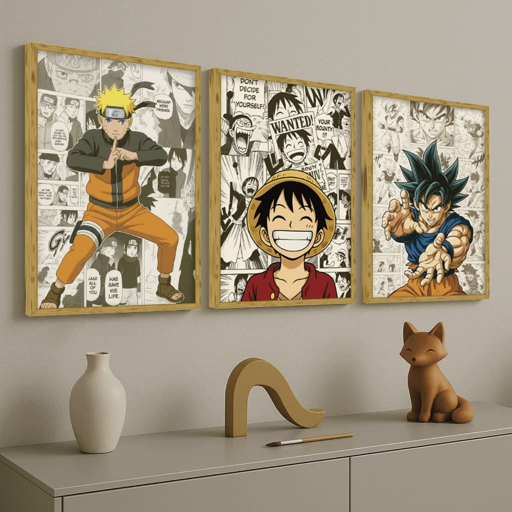 Kit 3 Peças Quadros Decorativos Animes – Naruto, One Piece e Dragon Ball