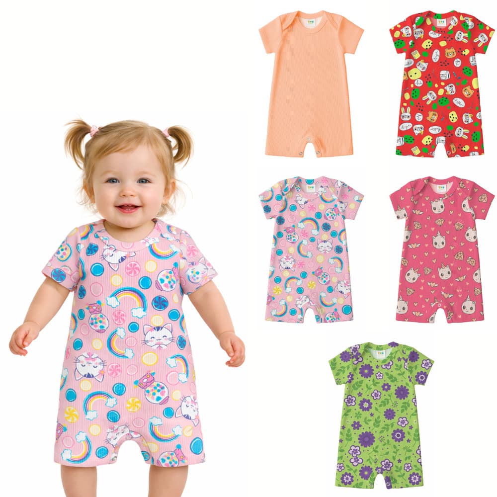 Kit 3 Macaquinhos Bebê Menina Canelado Premium | Com Botões | Algodão Macio | P ao 3 Anos