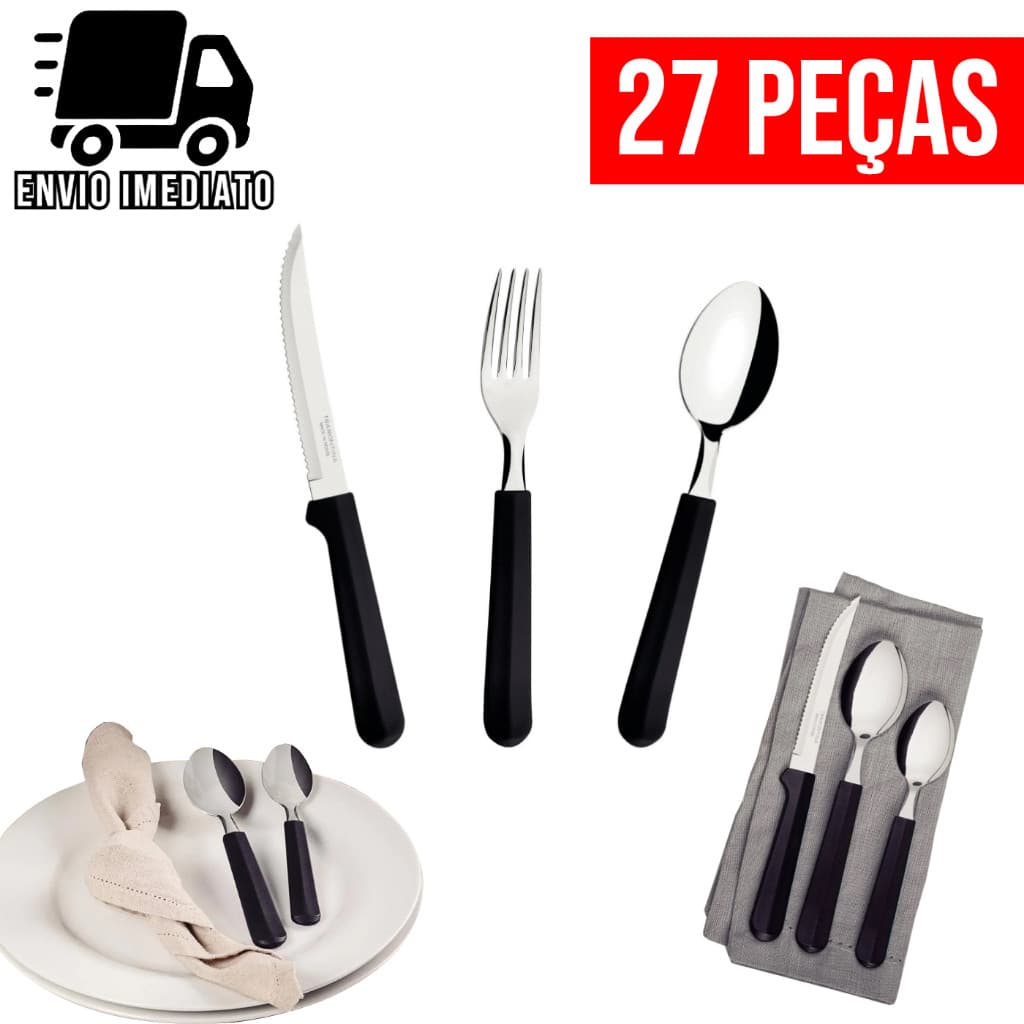 Jogo de Talheres Preto 27 Peças para Cozinha 9 Garfos 9 Facas 9 Colheres Conjunto de Talheres