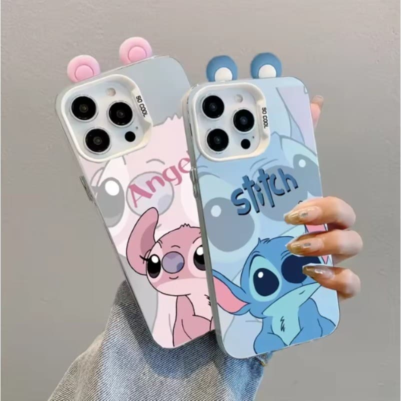 Capa De Telefone Com Orelhas 3D De Luxo Cute Stitch E Angel IMD Para Realme C85 Pro C75 C75X C71 C67 C65 C63 C61 C55 C53