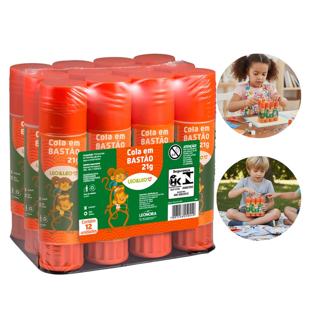 Cola Bastão Leo&Leo 21g – Kit com 12 Unidades | Papelaria, Artesanato e Uso Escolar | Secagem Rápida