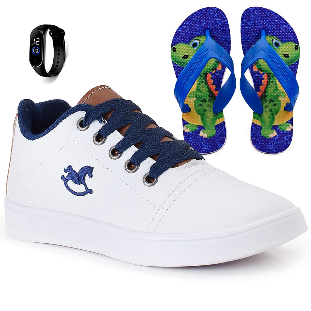 Kit Tênis Infantil Menino Branco + Chinelo Infantil + Relógio Henry Kids