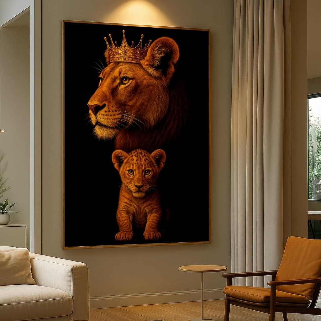 Quadro Decorativo GRANDE Alta Resolução Sala Quarto Escritório Quadro Leoa com coroa e um filhote