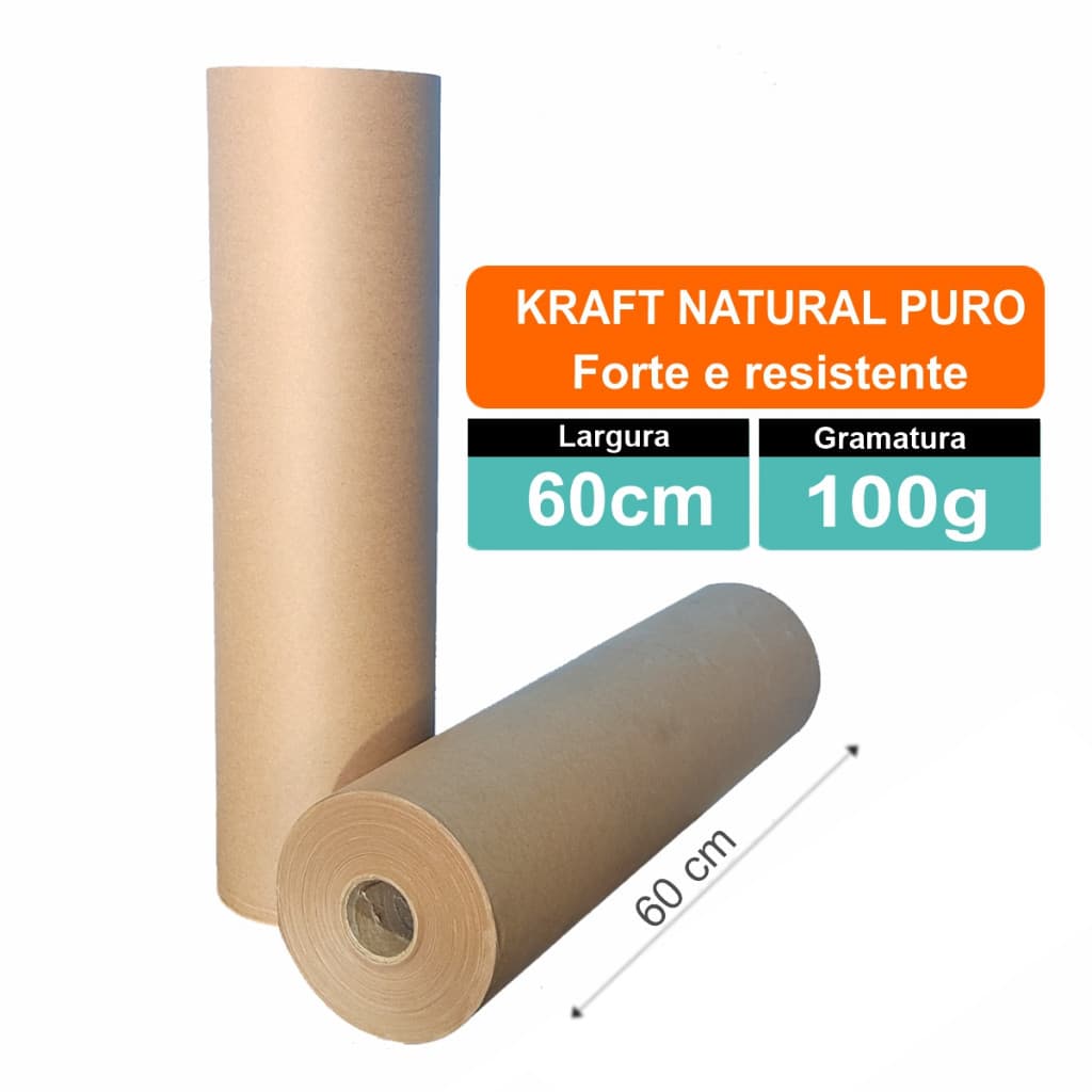 Bobina Papel Kraft Natural 100 Gramas 60cm Rolo 120 Metros 7,2Kg Embalagem Caixa Artes Moldes