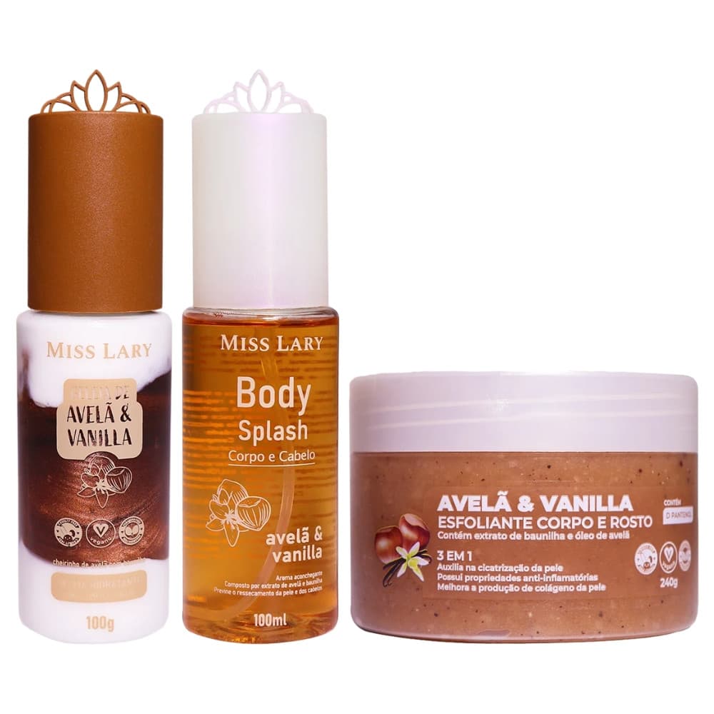 Kit 3pçs Cuidado Corporal Miss Lary Avelã e Vanilla