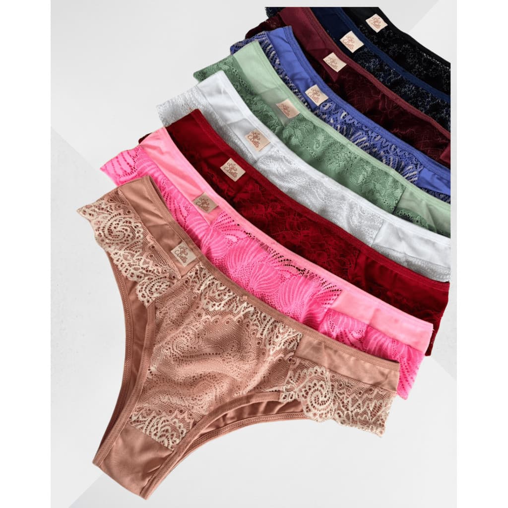 Kit Calcinhas Tanga Renda Luxo Trabalhada Forro em Algodão Microfibra Feminina
