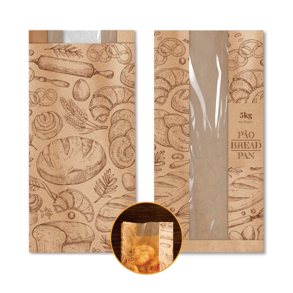 Saco Kraft Com Visor Para Pães 5kg Padaria Embalagem 500und - Marrom-claro