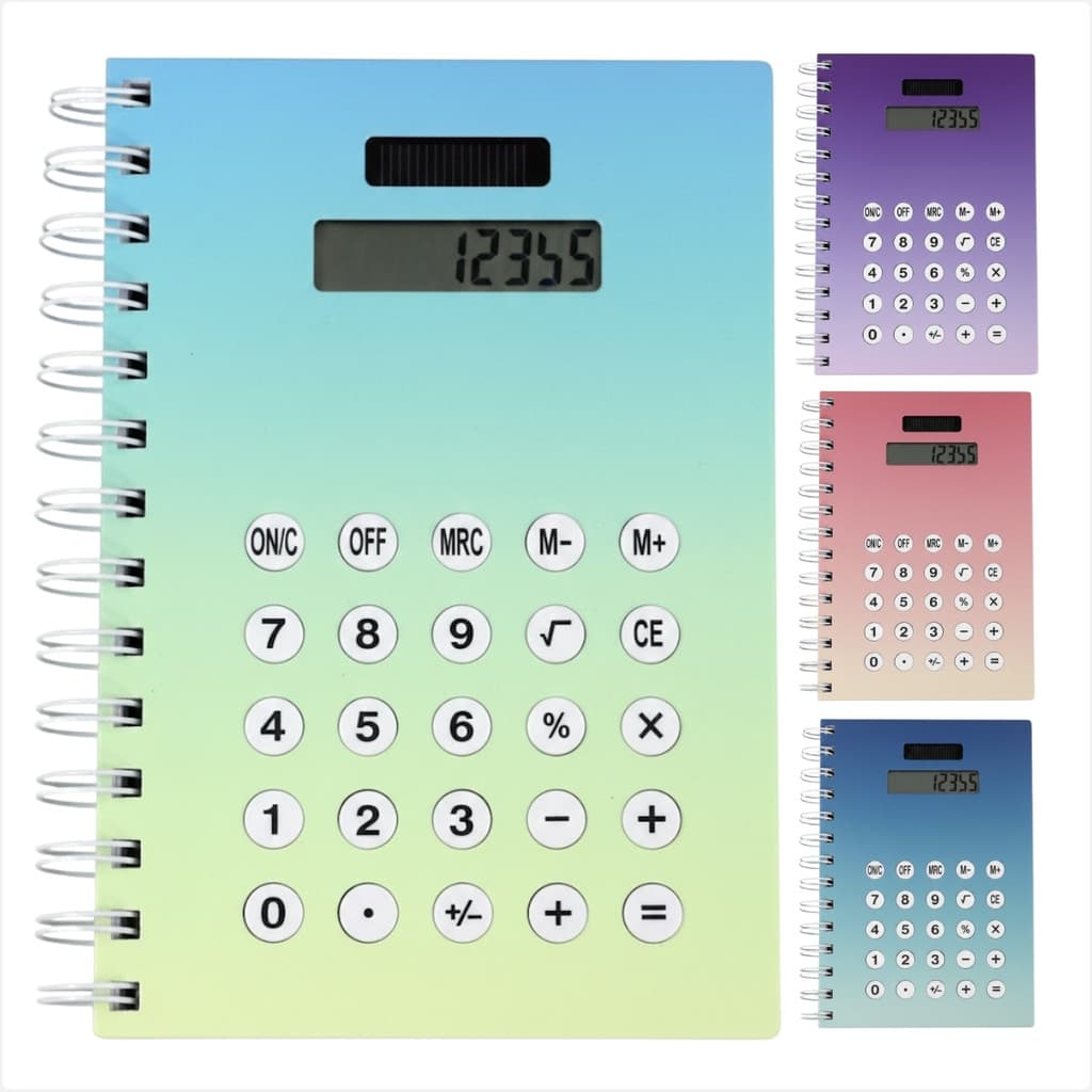 Caderneta Espiral Metálica Resistente 160 Folhas Degradê Com Calculadora Embutida Visor Solar Para Anotações
