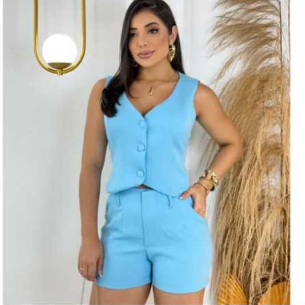 Conjunto Alfaiataria Colete V + Shorts Cintura Alta Premium social