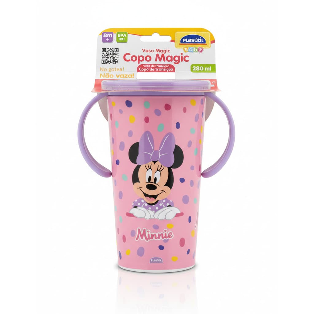 Copo Magic de Treinamento Infantil Minnie Baby 280ml com Alça e Tampa
