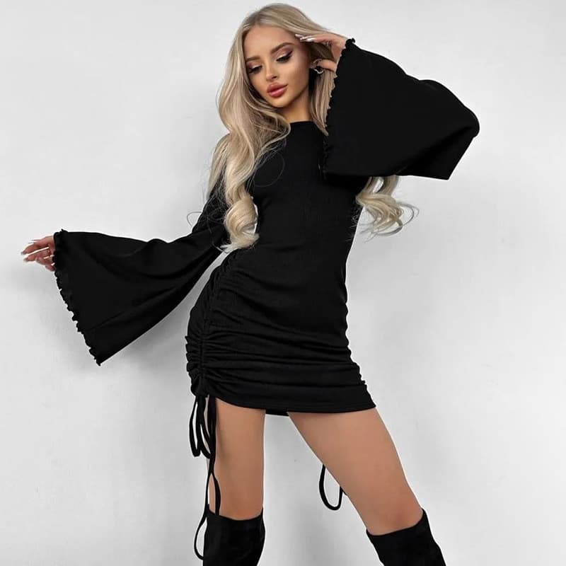 Europeu americano moda fungo borda mangas largas com almofadas de ombro vestido cordão lateral amarrado Hip-Lifting magr