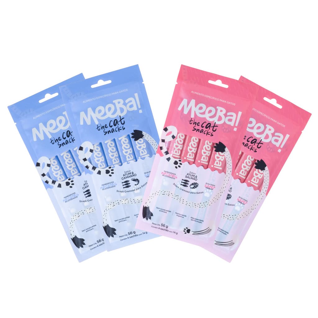 Kit Meeba! Pet Snack Úmido Gatos Atum Salmão e Camarão 16x14g