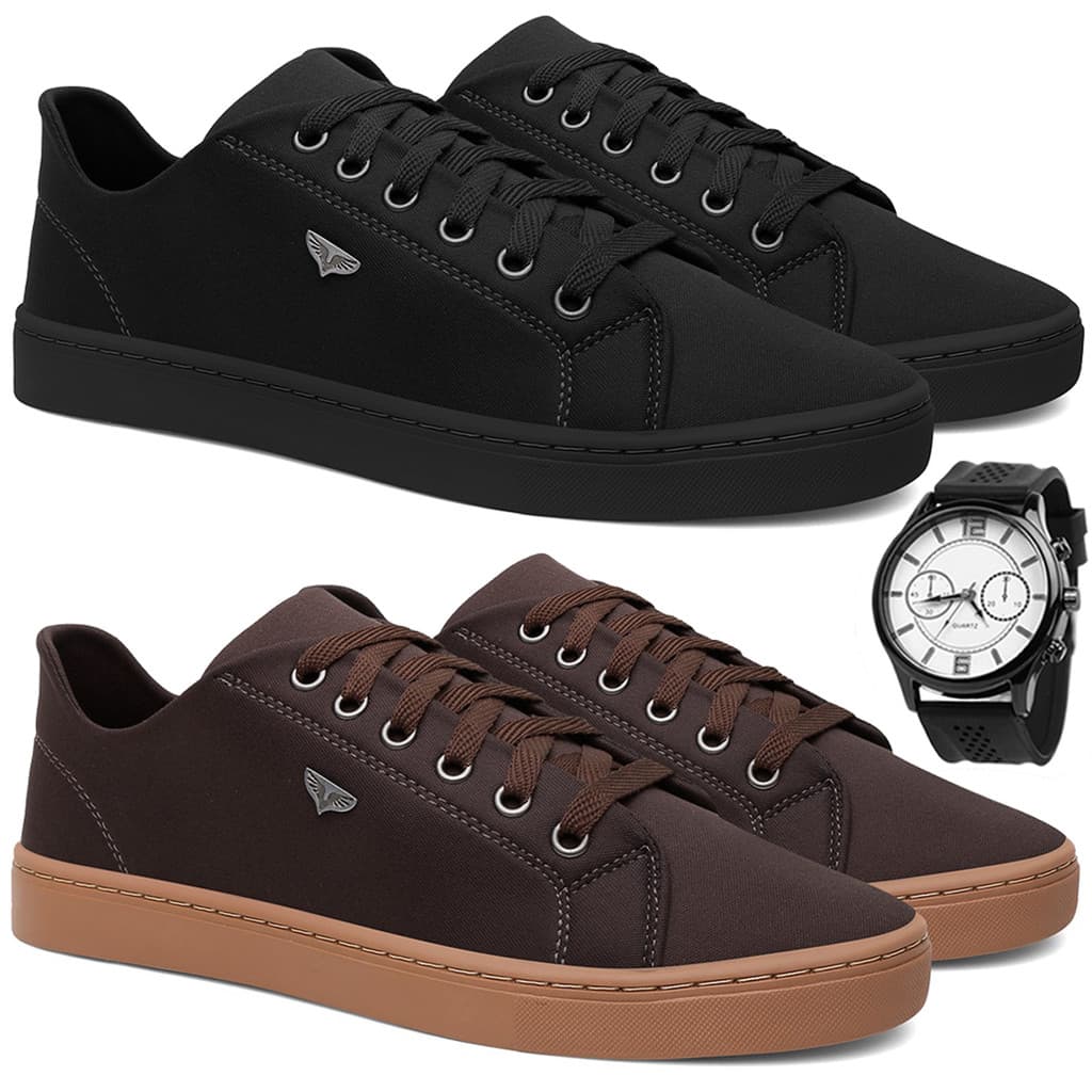 Kit 2 Sapatênis Masculino Casual Preto e Marrom Confortável Antiderrapante Básico com Relógio