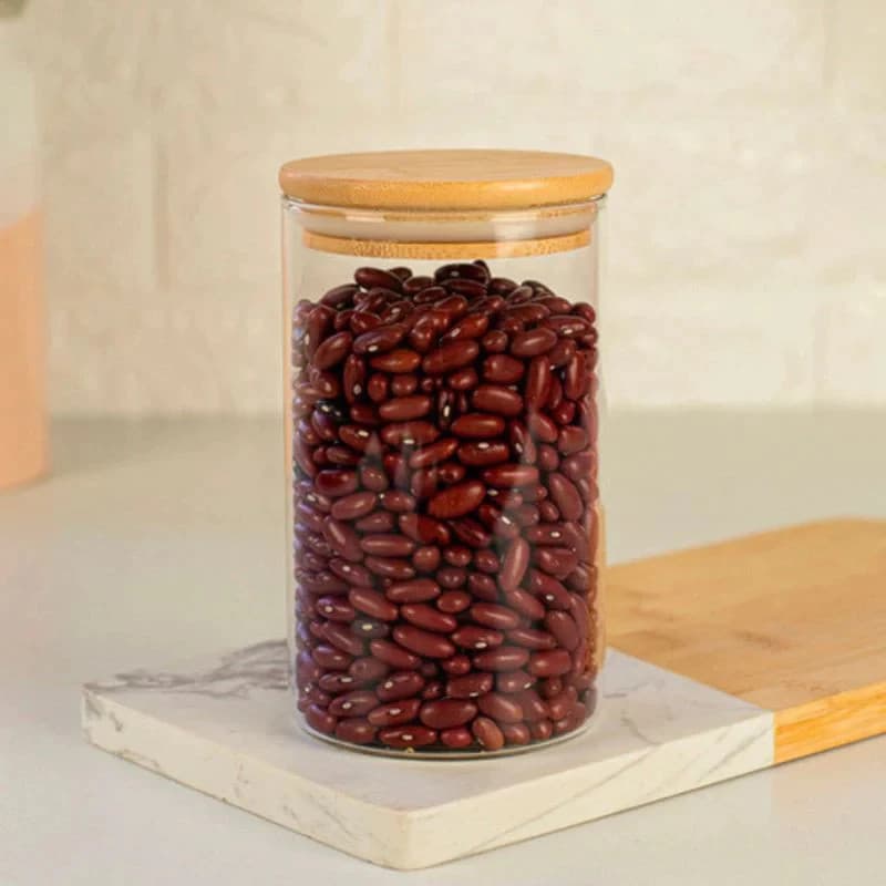 Pote Vidro Recipiente Guarda Armazena Alimento Tampa Bambu Vasilha  Arroz Feijão Madeira Achadinhos