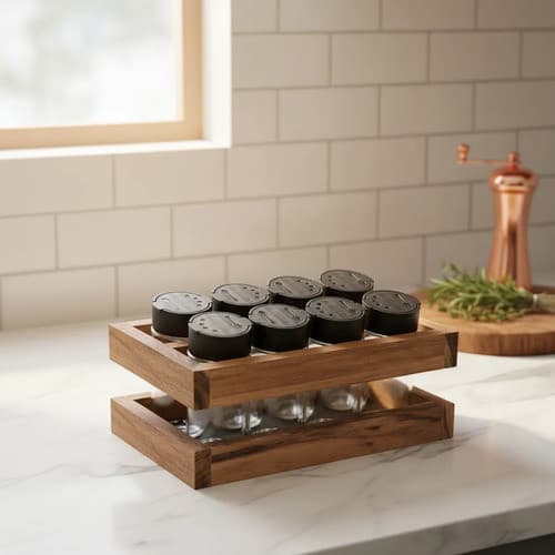 PORTA TEMPEROS COM 8 POTES DE VIDRO COM SUPORTE EM MADEIRA