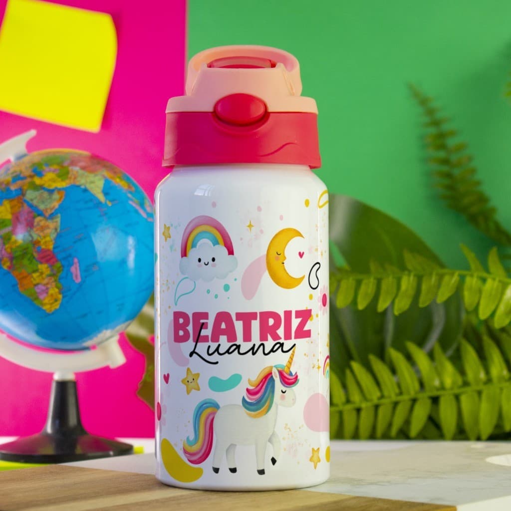 Garrafa Térmica Infantil Personalizada Com Nome Com Bico Silicone ou Acrílico Escolar Voltas Aulas