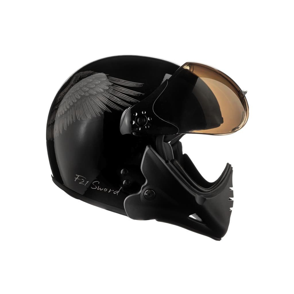 Capacete F21 Sword Preto com Grafismos Prata Abas Duplas