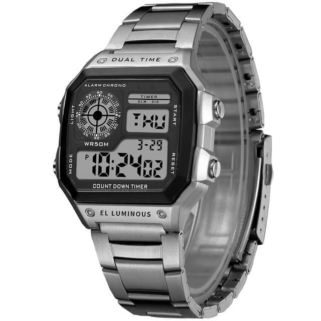 Relógio Esportivo Digital Quadrado Multifuncional Masculino - Cronômetro à Prova d'Água e Display LED Brilhante