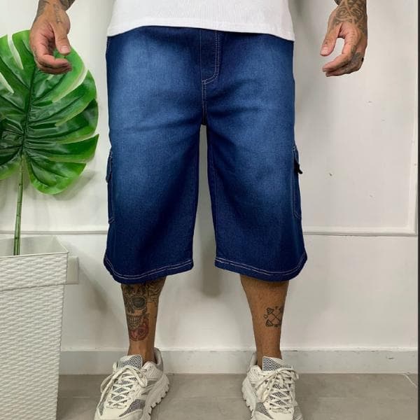 Bermuda Cargo Masculina Azul Escura Streetwear Premium Larga