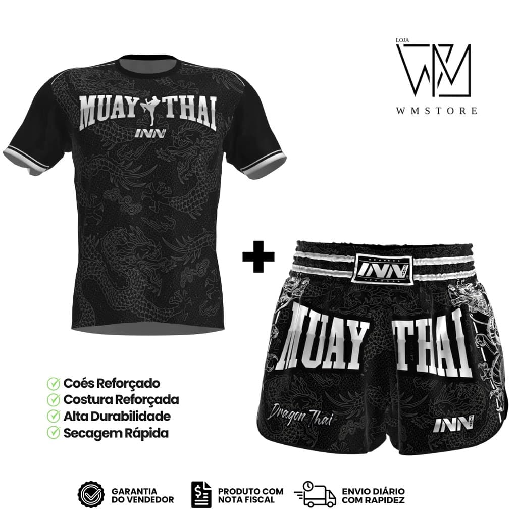 Conjunto Camiseta e Short Muay Thai Unissex Dragon Thai Cinza