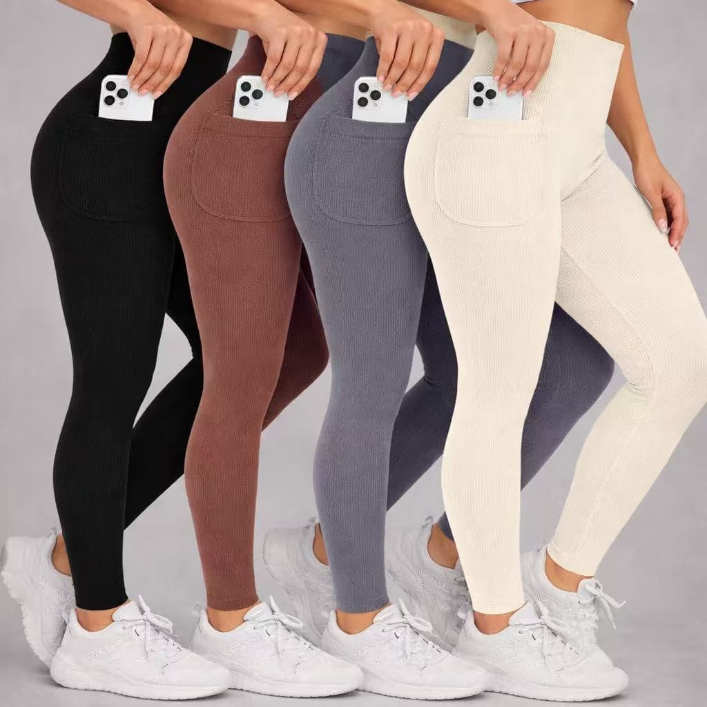 Legging Fitness Feminina Canelada com Bolso – Cintura Alta, Compressão, Respirável e Secagem Rápida